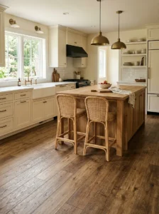 Farmhouse kitchen with wide-plank distressed wood-look flooring.