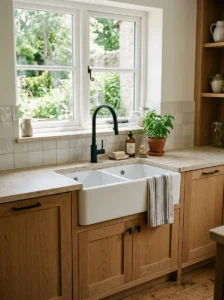 White farmhouse kitchen sink paired with a sleek matte black modern faucet.