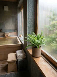 Small green fern adding natural life to a minimalist Japanese-style bathroom.