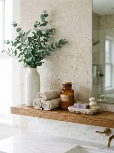 Bathroom shelf arranged with tall, medium, and small decor for visual balance.