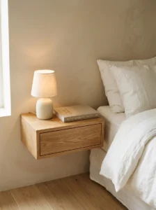 Minimalist nightstand styled with only a lamp and one book.