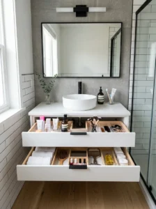 Pedestal sink in a compact powder room.