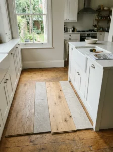 Kitchen flooring samples compared side by side in natural light.