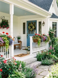Railing planters adding flowers to a porch.