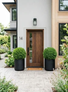 Matching potted plants framing a front porch entrance.