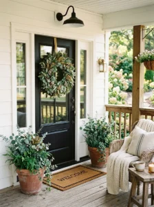 Seasonal wreath decorating a front porch.