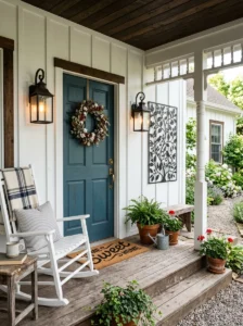 Outdoor wall art adding personality to a front porch.
