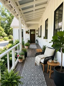 Package bench providing storage on a small porch.