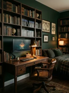 Dark academia gamer bedroom with walnut desk, bookshelves and warm brass lighting.