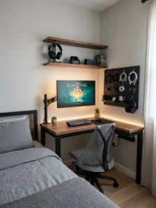 Compact gamer bedroom with corner desk, wall-mounted monitor and vertical storage.