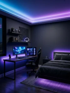 Immersive gamer bedroom with coordinated blue and purple RGB lighting around the desk and bed.
