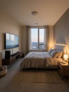 Minimal console gaming bedroom with wall-mounted TV, bed and slim media console.