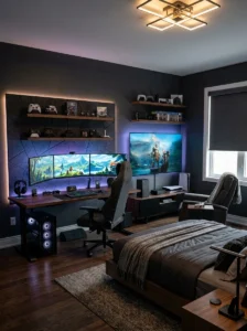Ultimate gamer bedroom with triple monitors, console corner, recliner, acoustic panels and smart lighting.