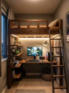 Tiny gamer bedroom with loft bed and gaming desk built underneath.