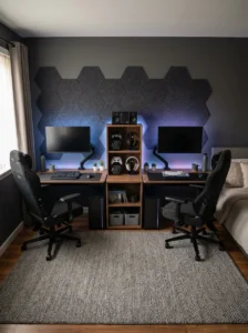 Two-player gamer bedroom with matching desks, dual gaming stations and synchronized lighting.