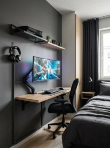 Wall-mounted gamer bedroom setup with floating monitor, console shelf and hidden cables.