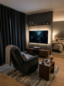 Console gaming bedroom with wall-mounted TV, recliner and low media storage.