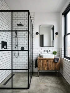 Industrial bathroom with white subway tiles and contrasting black grout.