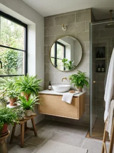 Gray bathroom styled with fresh greenery.