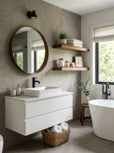 Warm wood accents softening a gray bathroom.