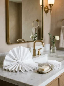 White guest bathroom hand towel folded into an elegant decorative fan shape.