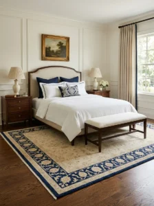 bFormaledroom with an ivory area rug featuring a deep navy border that matches curtain accents.
