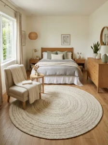 Round bedroom rug beneath a reading chair softening the straight lines of bedroom furniture.