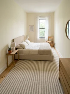 Muted striped bedroom rug running lengthwise to visually elongate a narrow bedroom.