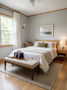 Small guest bedroom using a compact bench instead of a full-size chair.