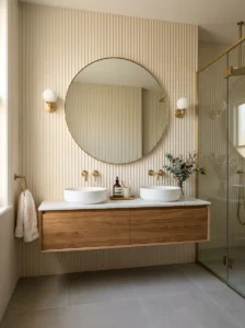 Luxury bathroom featuring warm cream fluted tiles with vertical ribbed texture.