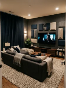 TV room with an area rug, fabric acoustic panels, and curtains to reduce echo.