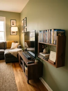 TV room with a small curated movie collection displayed beside the media console.