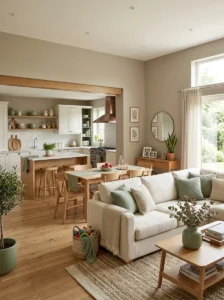 Open concept home using one coordinated neutral color palette throughout.
