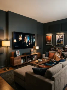 TV room with matte charcoal walls designed to reduce screen glare and reflection.