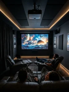 Home movie room with a large projector screen, reclining seating, and blackout curtains.