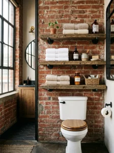 Industrial bathroom with reclaimed wood shelves and exposed black pipe fittings.