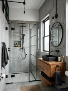 Concrete-look gray tile in a modern bathroom.