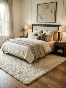 Soft fabric ceiling light creating gentle bedroom lighting.