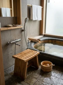 Low teak washing stool beside a deep soaking tub in a Japanese-inspired bathroom wet zone.