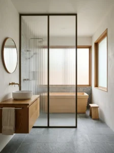 Ribbed frosted glass partition providing privacy and soft natural light in a Japanese bathroom.