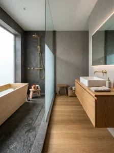 Japanese bathroom with separate stone-tiled wet zone and dry vanity area divided by glass.