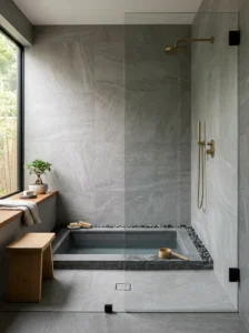 Japanese bathroom wet zone finished with textured gray stone-look tile around a soaking tub.