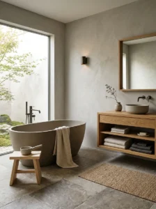 Japanese-style bathroom decorated in warm gray, taupe, charcoal and natural wood tones.