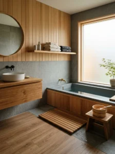 Japanese bathroom with teak stool, wood vanity, bath mat and warm natural wood accents.