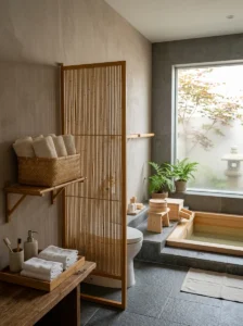 Japanese bathroom with bamboo towel basket, privacy screen and natural bamboo accessories.