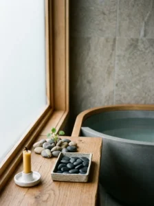 Small black river pebble garden adding a calming natural accent beside a Japanese soaking tub.