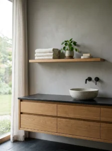 Minimal Japanese bathroom shelf with folded towels, a small plant and ceramic accessories.