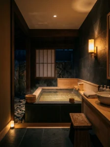 Japanese spa bathroom with warm dimmable lighting surrounding a deep soaking tub.