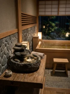 : Small stone water fountain creating a calming spa atmosphere in a Japanese-inspired bathroom.