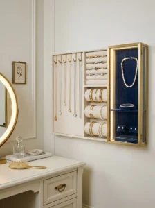 Organized dressing room wardrobe with matching velvet hangers and color-coordinated clothing.